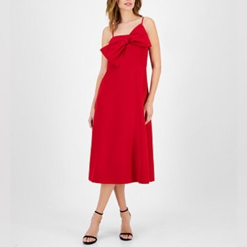 Anne Klein Titian Red Bow Bodice Midi Dress NWT